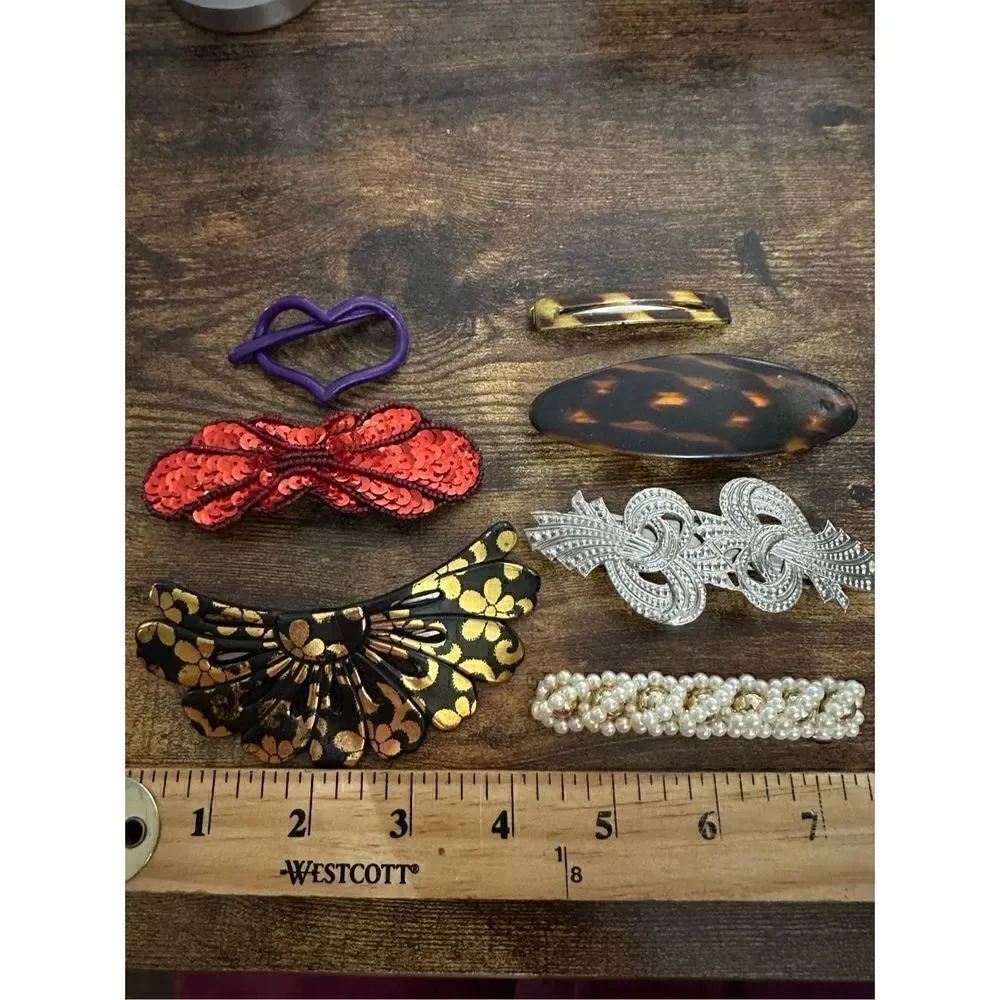 Vintage Hair Clip and Barrettes Lot 7 Silvertone Black Sequins Faux Pearl Retro